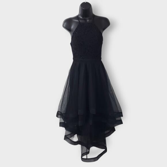Y2K City Triangles Black Asymmetric Flare Tiered Mesh Halter Dress Sz 1 Goth - Picture 1 of 13